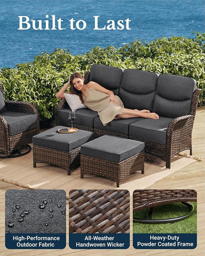 HILLGA Luxury Outdoor Furniture High Back Patio Sofa, Oversized 3-Seater Couch with 6'' Thick Cushions, Ideal for Porch, Poolside, Deck, and Yard (Dark Gray)