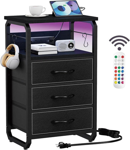 runjuly Bedside Table with 3 Fabric Drawers, LED Nightstand with Hooks, Metal Night Stand, Small End Table with Charging Station and Storage, Night Table for Bedroom, Modern Black