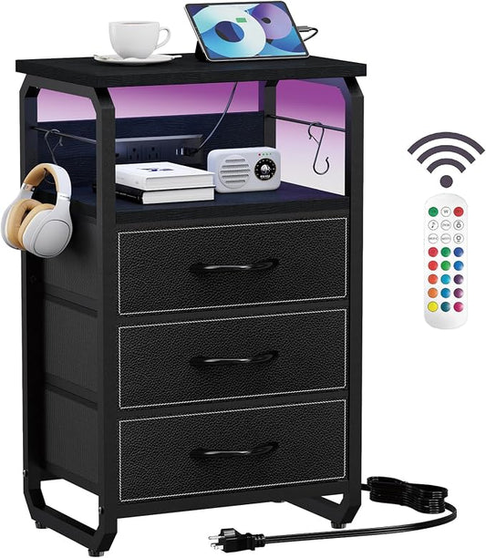 runjuly Bedside Table with 3 Fabric Drawers, LED Nightstand with Hooks, Metal Night Stand, Small End Table with Charging Station and Storage, Night Table for Bedroom, Modern Black