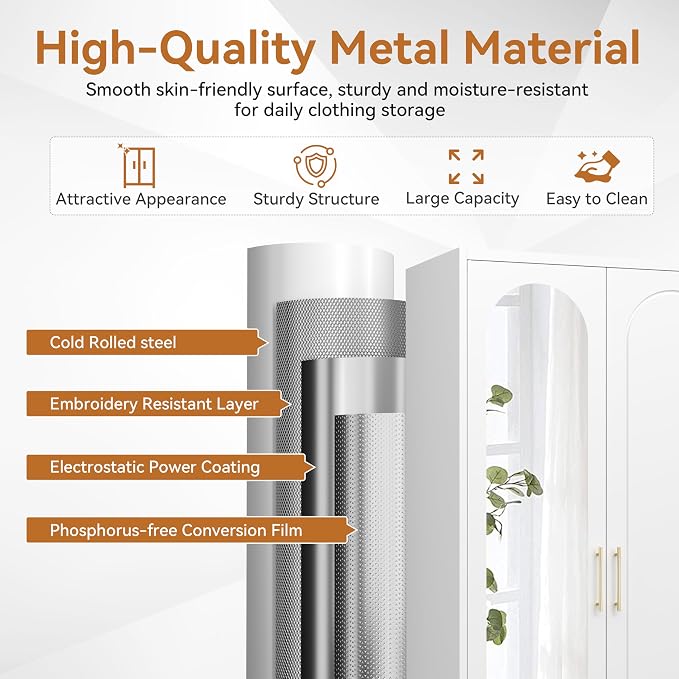 Polup Metal Armoire Wardrobe Closet with Mirror, 71" Tall Steel Clothing Storage Cabinet with Doors, Hanging Rod and Adjustable Shelves, Freestanding Clothes Organizer for Bedroom, Office, White