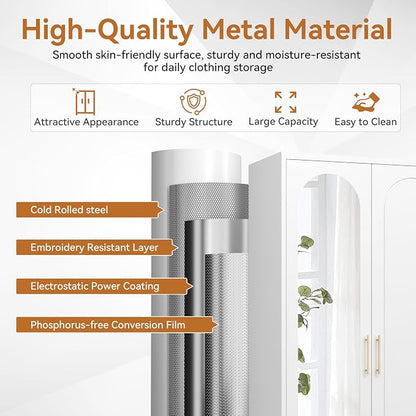 Polup Metal Armoire Wardrobe Closet with Mirror, 71" Tall Steel Clothing Storage Cabinet with Doors, Hanging Rod and Adjustable Shelves, Freestanding Clothes Organizer for Bedroom, Office, White