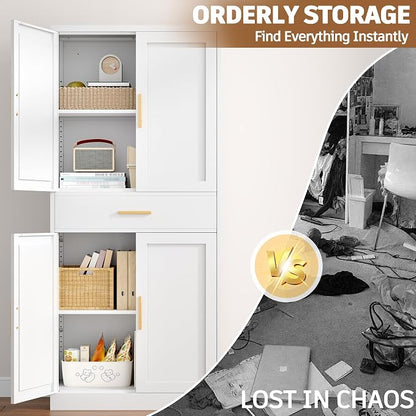 71” Tall Kitchen Pantry Cabinet, Metal Storage Cabinet with 2 Doors and 4 Adjustable Shelves for Kitchen, Living Room, Laundry Room (White, 71" H-1 Drawer)