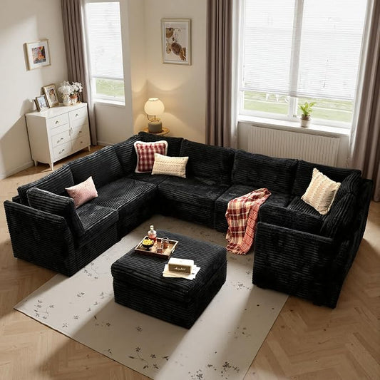 ovios Modular Sectional Sofa Couch with Sofa Bed L-Shape Chaise, Comfy Plush Corduroy Cloud Couches, Modern Luxury Deep Seat Sofas Set for Living Room, 8-Seater, Black