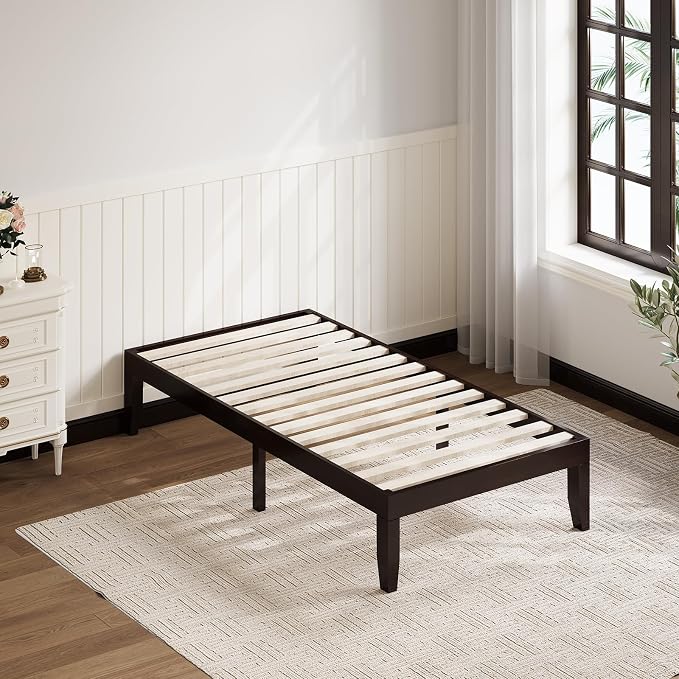 Giantex 14 Inch Twin Wood Platform Bed Frame, Minimalist Mattress Foundation with Solid Rubber Wood, Heavy Duty Wood Slat Support, Without Headboard, Easy Assembly, No Box Spring Needed, Espresso