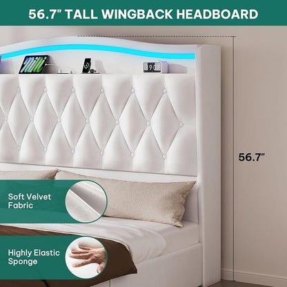 DWVO Queen Size Bed Frame with 4 Storage Drawers and RGB LED Lights, 57'' Tall Headboard Velvet Upholstered Bed with Charging Station, No Box Spring Needed, Easy Assembly, Noise-Free, White