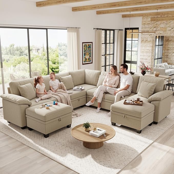 Ihanherry 108" Modular Sectional Sofa with Pull Out Bed, 9-Seater U Shaped Sectional Sleeper Couch with Storage, Chenille Convertible Couches for Living Room, Apartment (Sand)