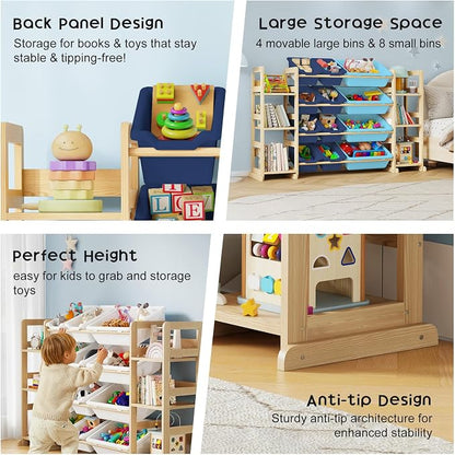 EXPERLAM Extra Large Toy Storage - Toy Storage Organizer, Wooden Toy Organizer with 6 Side Shelves and 12 Bins, 3-in-1 Bookshelf for Kids Rooms, Playroom, Nursery, Blue