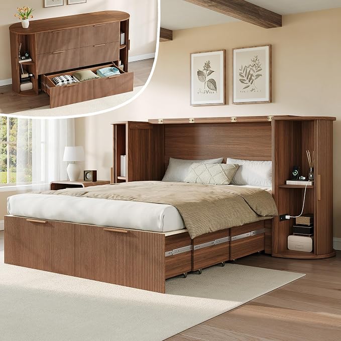 AMERLIFE Queen Murphy Bed with Storage Bedside Shelves & Sliding Tambour Door, Modern Cabinet Bed with Charging Station & Curved Fluted Design for Bedroom/Guest/Home Office, Brown