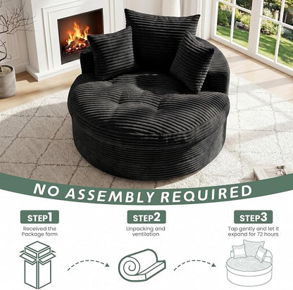 Oversized Round Chaise Lounge Chair, Deep Seat Cloud Boneless Floor Sofa Couch, Upholstered Corduroy Sleeper with 3 Pillows & Optional Ottoman, No Assembly Modern Lazy Floor Lounger for Living Room