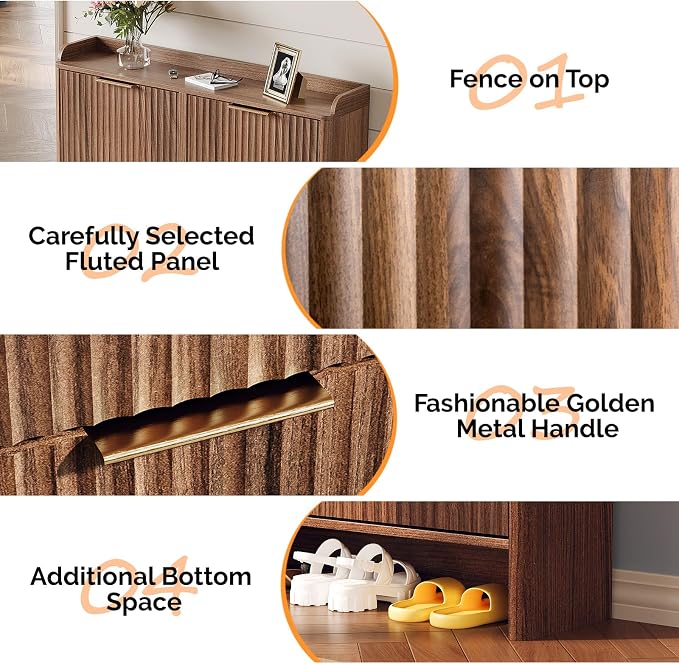 VINGLI 43.5" Large Shoe Storage Cabinet with 4 Fluted Flip Drawers, Slim Entryway Shoe Organizer with Curved Side Panels, Walnut Wood Shoe Rack for Hallway, High Capacity Hidden Shoe Shelf for Boots