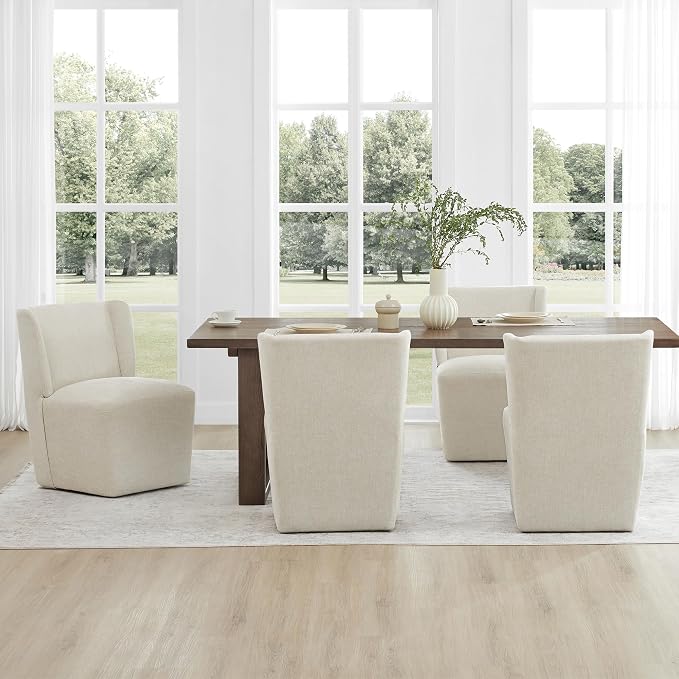 KISLOT Upholstered Dining Chairs Set of 2 with Casters, Wingback Modern Side Armless Deskchair with Rollers for Diningroom Bedroom Livingroom Reading Room, Cream Beige Fabric