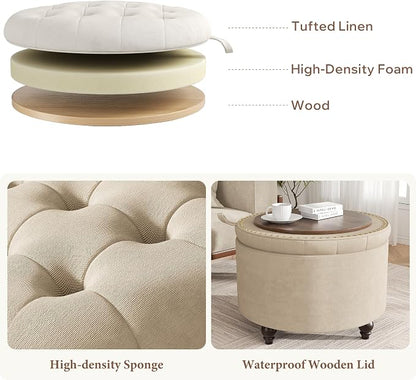 24 Inch Round Storage Ottoman,Modern Tufted Ottomans,Circular Coffee Table with Removable Top,Upholstered Large Ottoman with Storage Footrest Stool for Bedroom Living Room (Lightbrowm)