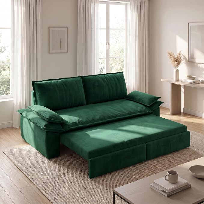 73.2" Sofa Bed Queen, 3-in-1 Pull Out Sofa Bed with Pillow Armrest, Modern Velvet Convertible Sleeper Futon Sofa for Living Room Small Space, Apartment, Bedroom, Green