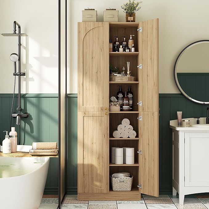 Cyclysio 80" Kitchen Pantry, Extra Tall Arch Storage Cabinet with 8 Soft Close Doors and Adjustable Shelves, Freestanding Wood Cupboard with Seamless Fit Wall for Dining Living Room Bathroom Furniture