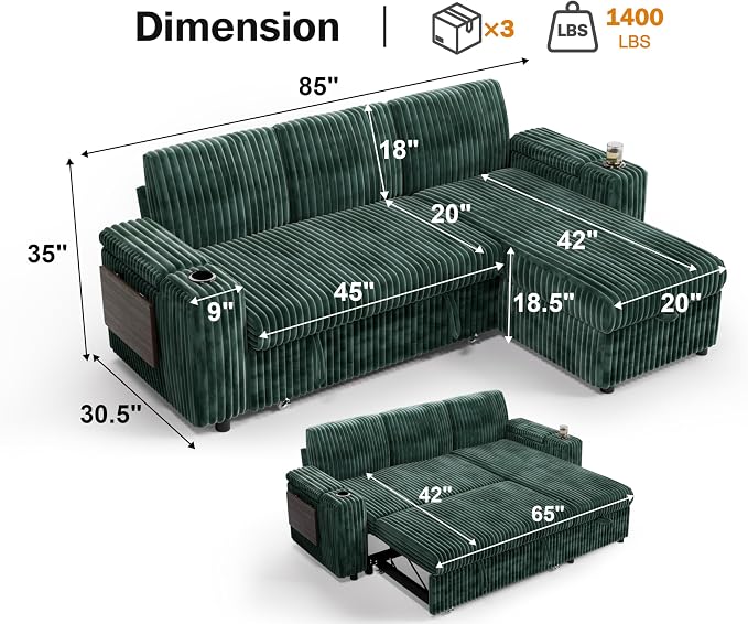Vipbear 86" Modular Sectional Sleeper Sofa with Pull Out Bed, 3 Seat Plush Corduroy L Shaped Couch with Storage Chaise|USB Ports|Cup Holders|Side Table|Storage Armrests, Tool Free Assembly, Green