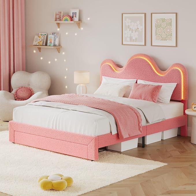 IDEALHOUSE Queen Bed Frame with LED Headboard and Under-Bed Drawer, Metal Upholstered Platform Bed with LED Light for Kids, Girls, Lamb Fleece Fabric, Wooden Slats Support, No Box Spring Needed, Pink