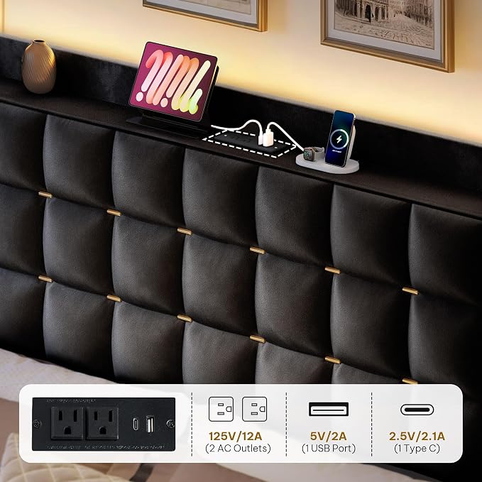 YITAHOME King Size Bed Frame with 3 Storage Drawers and RGB LED Lights, Velvet Upholstered Bed w/Charging Station and Storage Headboard, No Box Spring Needed, Noise-Free, Charcoal Black