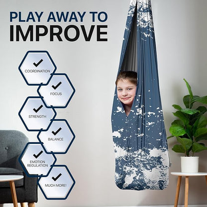 Indoor Sensory Swing for Kids or Outdoor – Holds 300lbs, Double-Layer, & 360° Swivel, Calming Compression Therapy Swing Hammock for Kids & Adults with All Hardware – Sensory-Motor Toys & Gifts