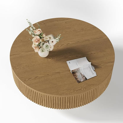 YOUDENOVA 31.5” Round Fluted Coffee Table, Modern Wood Circle Coffee Table, Veneer Handcrafted Relief Tea Table with Sturdy Pedestal for Living Room - Natural