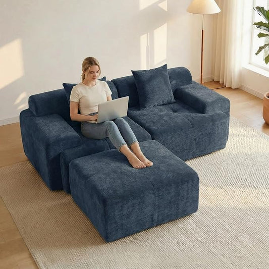 83.5" Boneless Loveseat with Ottoman, 30" Deep Seat Modular Sofa, Cloud Comfy Couches for Living Room, Apartment, Bedroom, No Assembly Required (Blue)
