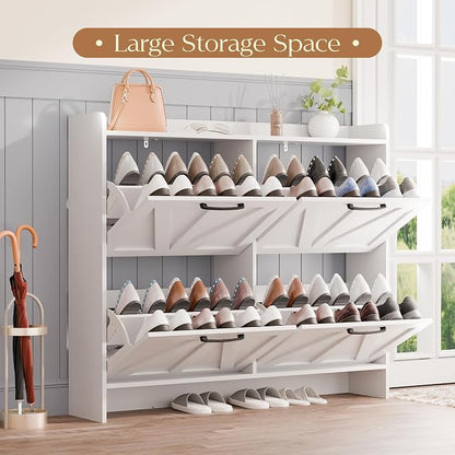 MU Shoe Storage Cabinet with 4 Flip Drawers, Freestanding Shoe Cabinet, Slim Shoe Organizer with Wood Legs for Entryway, White