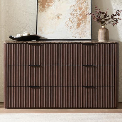 Dresser for Bedroom with 6 Drawers, 54"W Chest of Drawers, Fluted Dresser with Faux Marble Top, Curved Profile Design, Metal Handle, Wood Closet Storage Organizer for Living Room, Hallway, Dark Oak