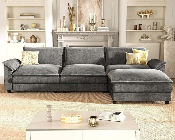 Homall 119" Modular Sectional Sofa, L Shaped Sofa Couch with Reversible Ottoman, DIY Combination Chenille Deep 3-Seat Cloud Couch for Living Room, Apartment (Light Grey, L Shaped Sofa)