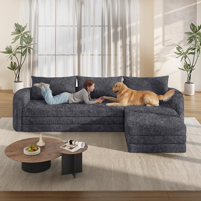 Vesgantti 110.2" Boneless Sectional Couch with Curved Armrest, 6 in 1 Convertible Folding Sleeper Sofa Bed, Chenille Modular Sofa for Living Room, No Assembly Required, Blue, Right Facing Chaise