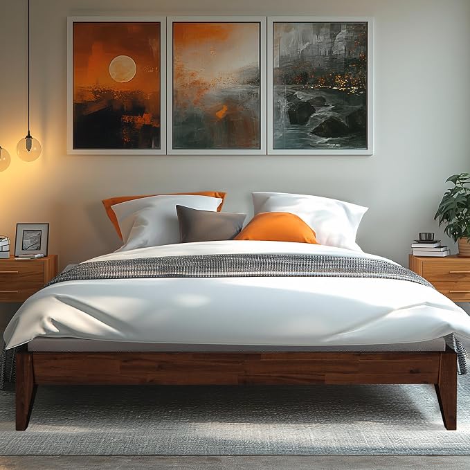 Acacia Mervyn Bed Frame Solid Wood Platform Bed, King Bed Frame No Headboard, Natural Wood Bed Compatible with All Mattress Types, No Box Spring Needed, Quick & Easy Assembly, Chocolate