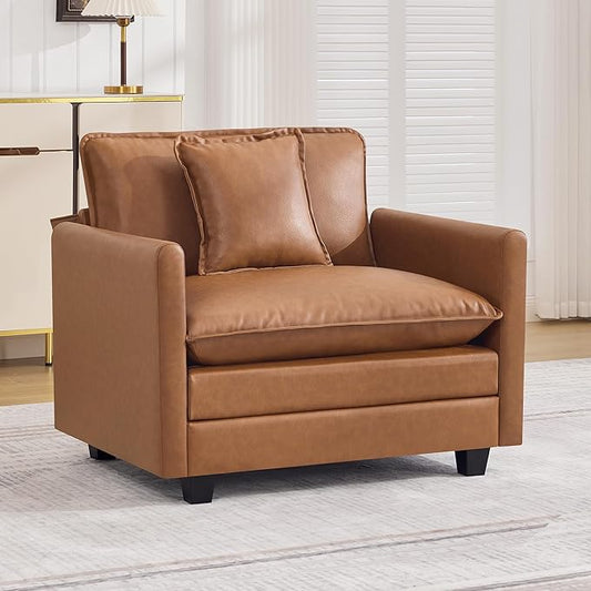 WUTUTUEE 41'' Modern Leather Oversized Chair, Upholstered Accent Living Room Chair with Extra Thicked Deep Seat, Single Lounge Chair for Bedroom, Small Apartment, Leather Light Brown