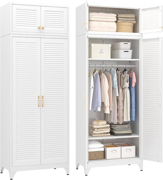 UNICOLY Armoire Wardrobe Closet with Doors, 86'' Wardrobe Cabinet with Hanging Rod, Metal Closet with 2 Adjustable Shelves for Bedroom School, Employee, Gym, White, Shipped in 2 Packages