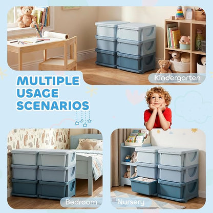 Qaba 6 Drawers Kids Storage Unit, 3 Tier Stackable Toy Organizers and Storage Chest for Bedroom, Nursery, Playroom, Living Room, Boys, Girls, Toddlers, Blue