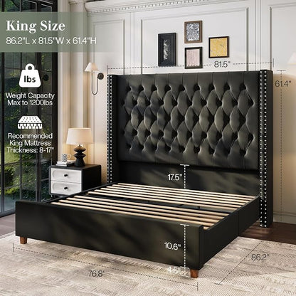 Jocisland King Bed Frame 61.4" Tall Headboard Velvet upholstered,Black | Full Back Support Wingback Headboard,Deep Button Tufted Hand-crafted Pleats,Squeak-Free Sleep,Solid Wood Legs,Easy Assembly