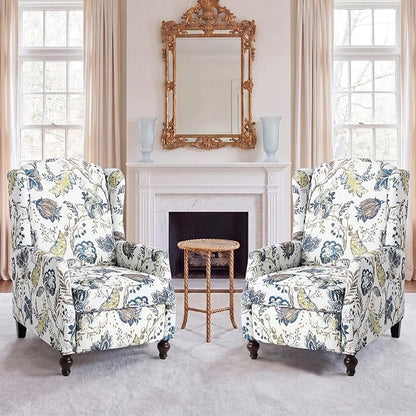 Upholstered Wingback Recliner Chair, Mid Century Modern Manual Push Back Recliner for Living Room, Bedroom (2, Blue & White Floral)