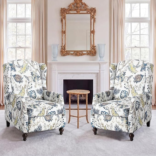 Upholstered Wingback Recliner Chair, Mid Century Modern Manual Push Back Recliner for Living Room, Bedroom (2, Blue & White Floral)
