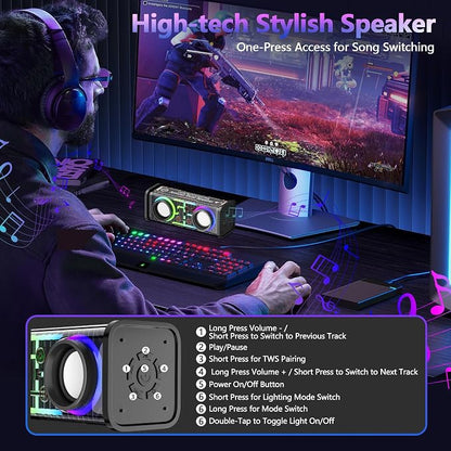 Mr IRONSTONE Gaming Desk with LED Lights and Speakers, L Shaped Desk Corner with Cup Holder & Headphone Hook, Computer Desk Home Office Desks with Monitor Stand, Carbon Fiber Surface, Black 51 Inch