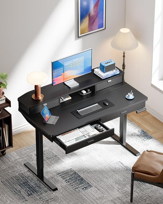 HUANUO 55 x 30 inch Electric Standing Desk with 2 Wood Drawers, Adjustable Height Sit Stand Desk for Home Office, Ergonomic Stand up Desk with 4 Memory Presets, 176 lbs Capacity, Black Top