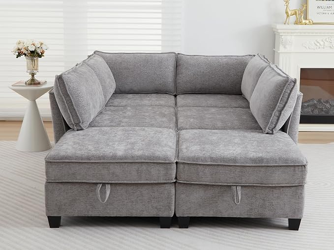 ORRD Sleeper Modular Sectional Sofa Set, Convertible Couch Bed with Storage, 6 Seater and 4 Armrestes Sofa Modular for Living Room, Office (Grey)