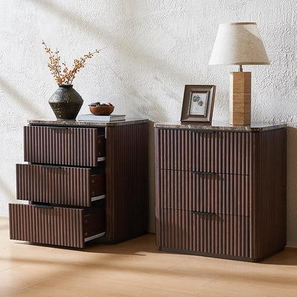 Fluted Nightstand Set of 2, 23" W Night Stand with 3 Drawers, Wood Bed Side Table with Faux Marble-Top, Curved Corner, Metal Handle, Modern Bedside Table for Bedroom, Living Room, Office, Dark Oak