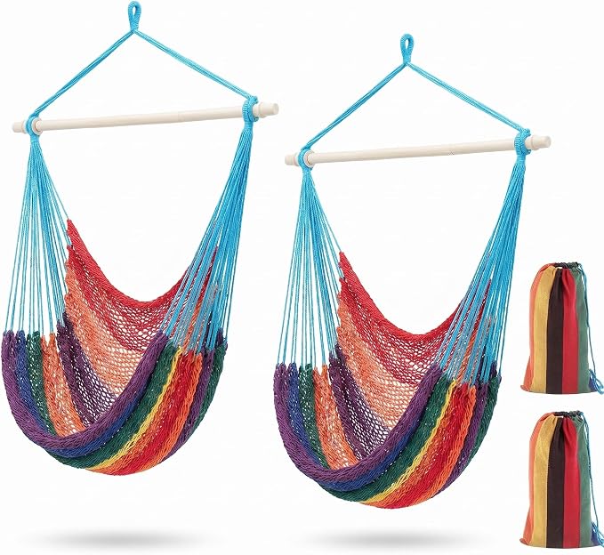 Barydat 2 Pcs Hanging Hammock Chair Boho Swing Chair Outdoor Indoor Comfy Soft Cotton Rope Weaving with 40 Inch Detachable Metal Bars for Backyard Living Room Garden, 270lb Capacity (Rainbow Color)