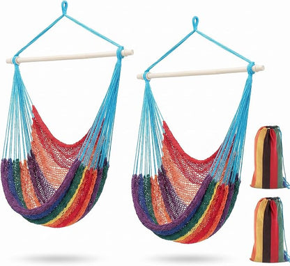 Barydat 2 Pcs Hanging Hammock Chair Boho Swing Chair Outdoor Indoor Comfy Soft Cotton Rope Weaving with 40 Inch Detachable Metal Bars for Backyard Living Room Garden, 270lb Capacity (Rainbow Color)