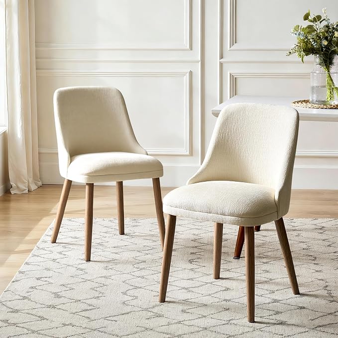 Upholstered Dining Chairs Set of 2, Fabric Dining Room Chairs with Curved Backrest, Solid Wood Legs, Modern Kitchen Chairs for Dining Room Living Room, Ivory