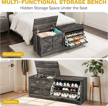 DWVO Shoe Storage Bench, 55" L Shoe Cabinet with 3 Flip Drawer & Flip-Top Storage, Farmhouse Modular Tilt-Out Organizer for Entryway, Mudroom, Bedroom | 3 tilt-out drawers, flip-top storage, farmhouse style, for entryway mudroom bedroom, sturdy wooden ...