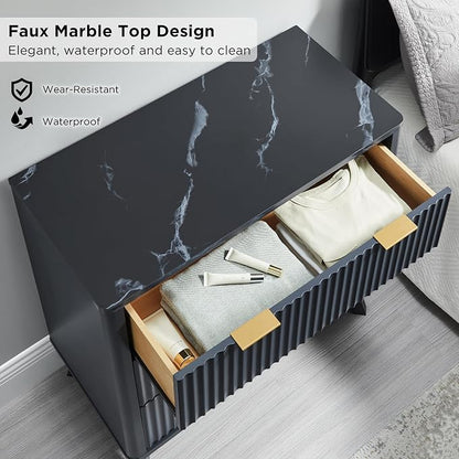 T4TREAM Fluted 3 Drawers Nightstand, Oversized Extra Large Modern Side Table with Faux Marble Top, End Table Bedside for Bedroom, Living Room, Curved Profile Design, Dark Grey