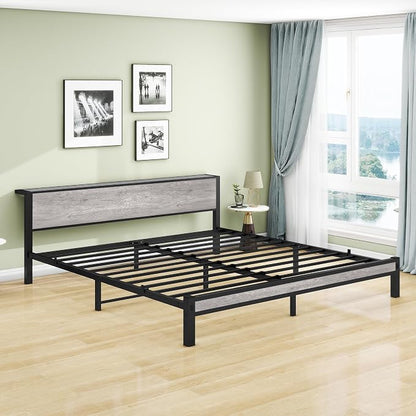 DUMEE King Bed Frame with Wood Storage Headboard, Metal Platform Bed Frames King Size, No Box Spring Needed, Noise Free, Black & Grey