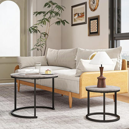 HOJINLINERO Round Coffee Table,Nesting Coffee Table Set of 2,Center Tables for Living Room,Office, Home Small Space,Stacking Side Tables,Sturdy and Easy Assembly,Wood Desktop,Black+Grey,Small