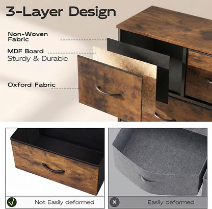 WLIVE 9-Drawer Dresser, Fabric Storage Tower for Bedroom, Hallway, Entryway, Closet, Tall Chest Organizer Unit with Fabric Bins, Steel Frame, Wood Top, Easy Pull Handle, Rustic Brown Wood Grain Print