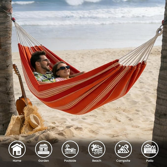 Lazy Daze Hammocks Double Brazilian Cotton Hammock, Extra Large Portable Outdoor Camping Hammock with Tree Straps & Travel Bag for Backyard Patio Poolside Indoor, 550lbs Capacity, Red Stripe
