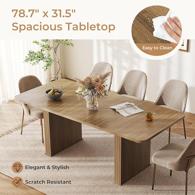 Zevemomo 63"-78.7" Expandable Dining Table, 6-10 Farmhouse Kitchen Table, Extendable Dining Table, Rectangular Table with Metal Track, Widened Wood Striped Legs for Dining Room, Office-Beige Brown