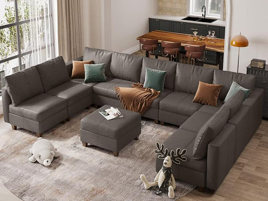 EASE MOOSE Faux Leather Sectional Modular Sofa with Storage,Comfortable Faux Leather Modular Sectional Couch for Living Room,Grey